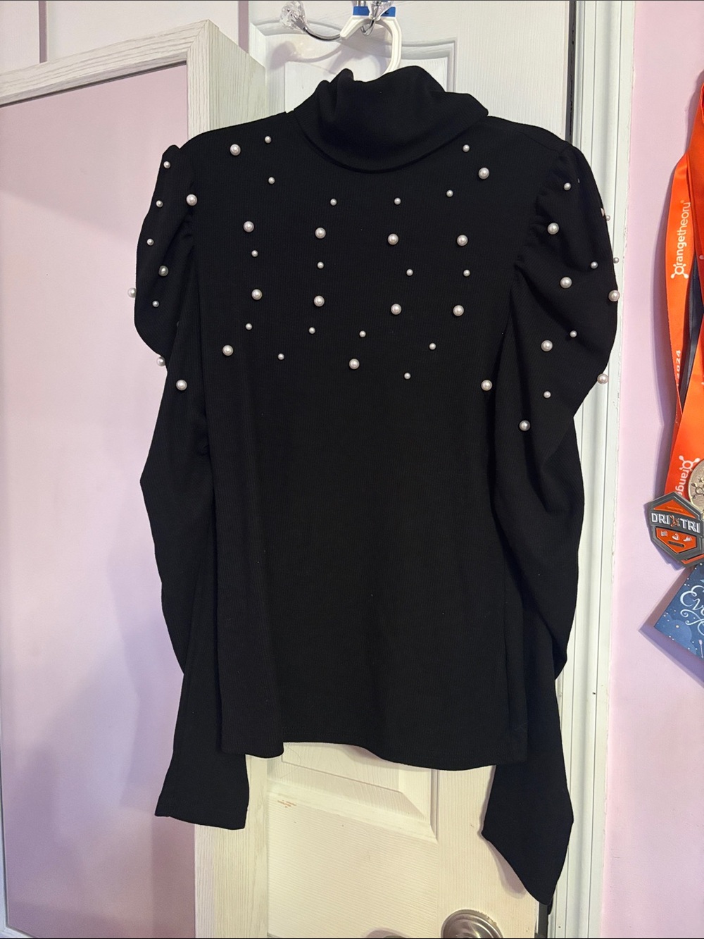 Black Pearl-Embellished Turtleneck Sweater Top- Size S/M